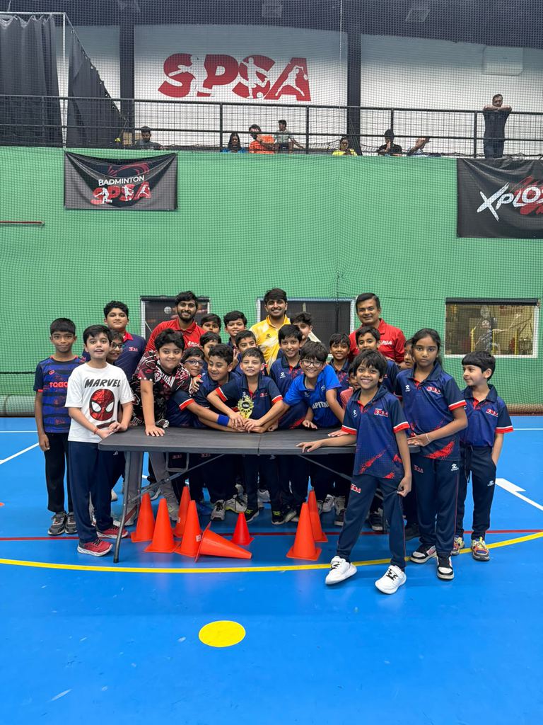 Junior cricketers and coaches gathered in the SPSA indoor academy hall at Dubai Investments Park