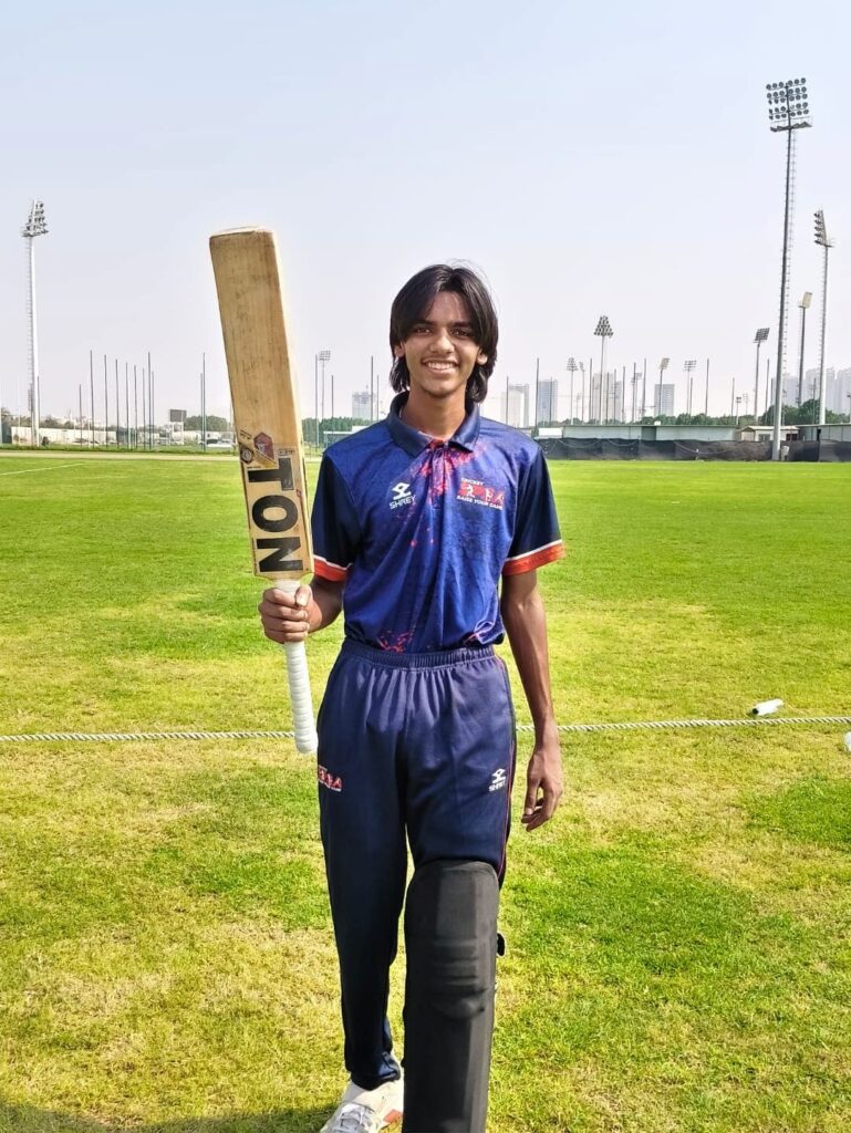 SPSA Guardians U18 batter holding his bat, Player of the Match in ECB Academy League Week 4